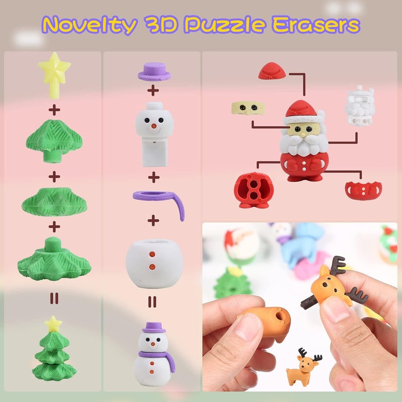 Kleeblatt 3D Assemblable Christmas Erasers 45 PCS - Santa Claus, Reindeer, Snowman, Christmas Tree Creative Gifts for Children - Image 3